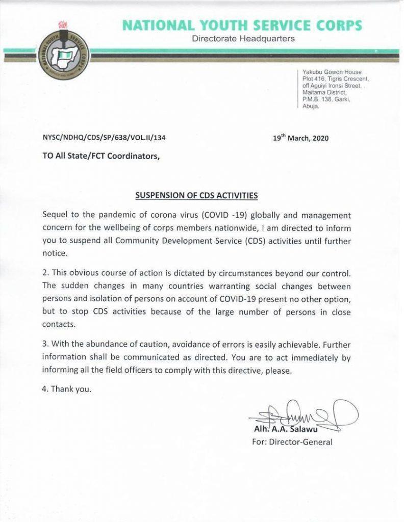 DG Suspends CDS Due to Coronavirus.