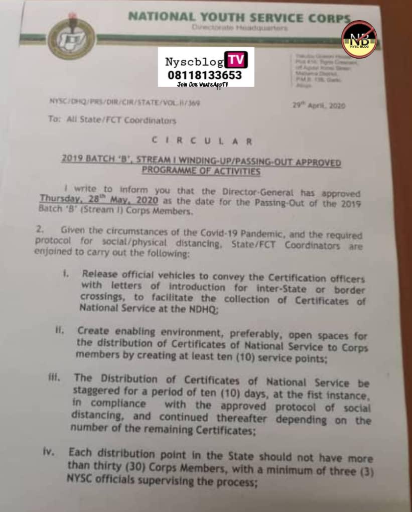 NYSC DG RELEASES POP DATE FOR 2019 BATCH 'B' STREAM 1.