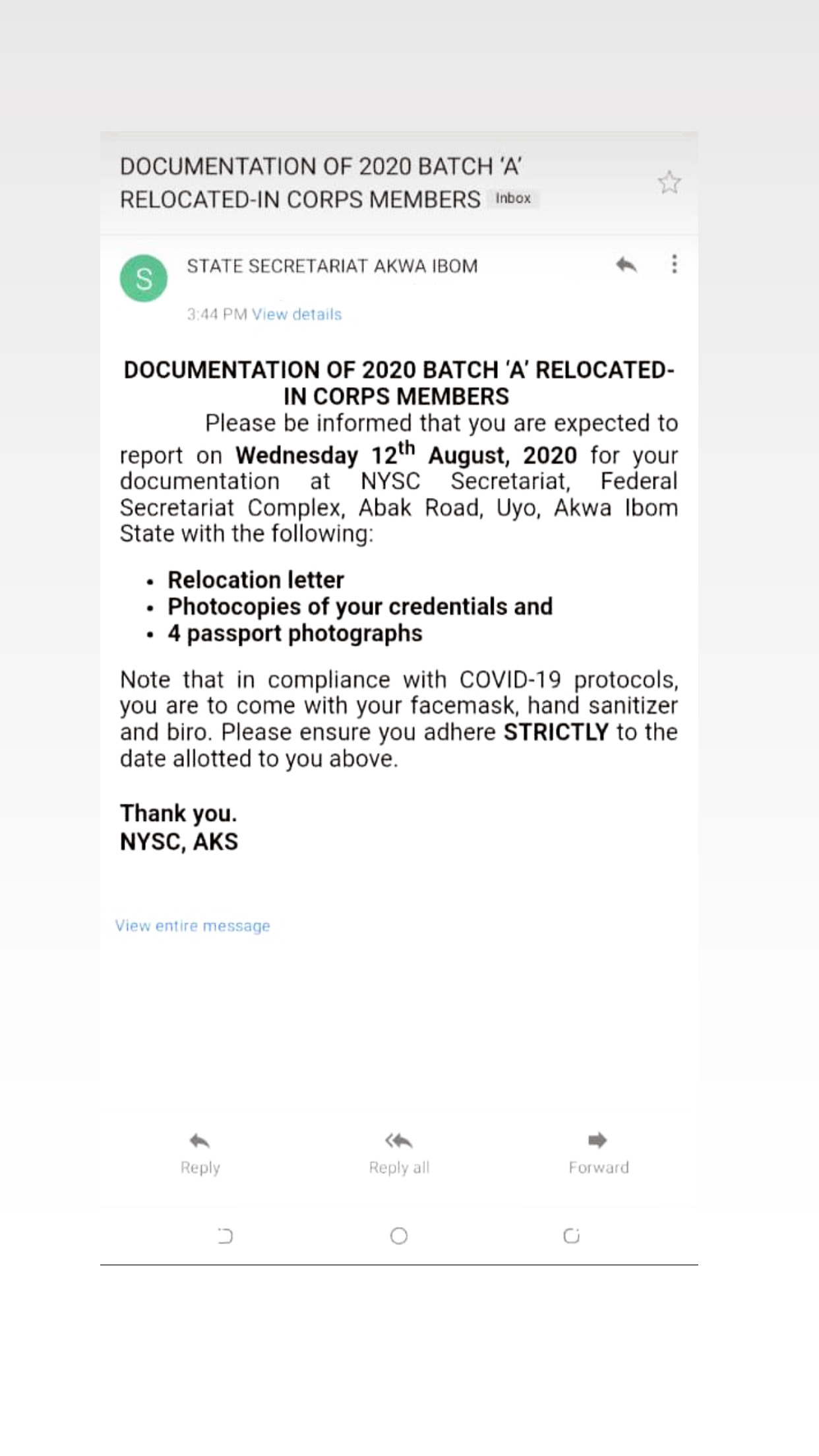 Nysc Official Date Released for Documentation 