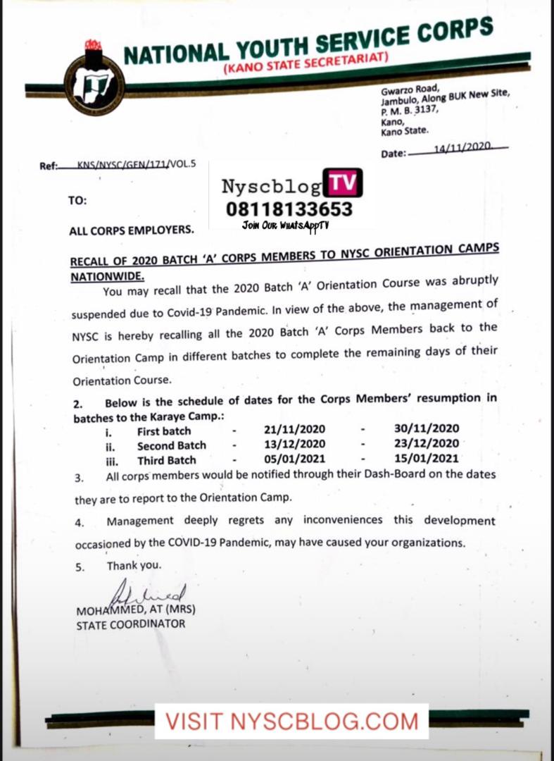 RECALL OF 2020 BATCH A CORPERS